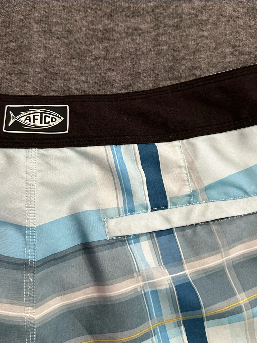 AFTCO Blutwater Board Shorts Mens 34 Blue Plaid Fishing Swim Trunks Polyester